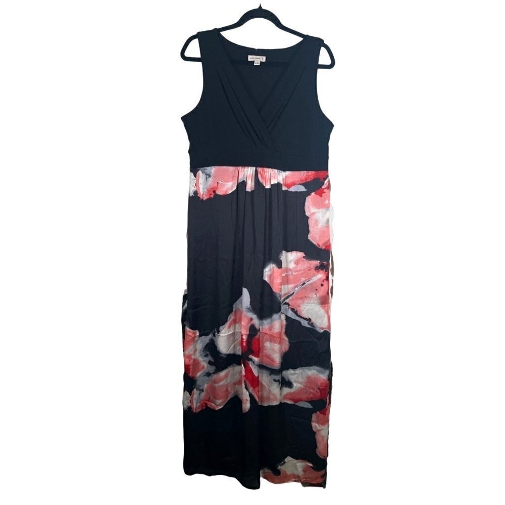 Susan Graver Size M Lined Maxi Dress Black Pink Abstract Floral Empire Waistband